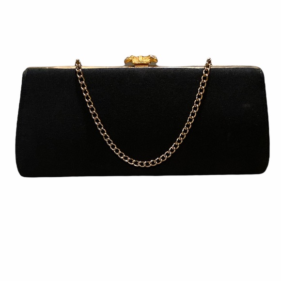 Vintage Beaded Black Handbag w/ Gold Chain & Rhinestone Beaded Clasp - Picture 3 of 10